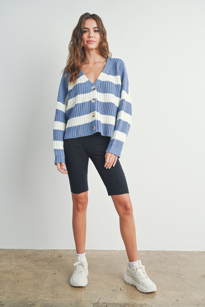 Striped V-Neck Cardigan with Buttons
