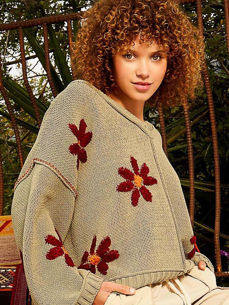 Pol Chenille V-Neck Berber Flower Print  Olive Sweater for Women fall sweater