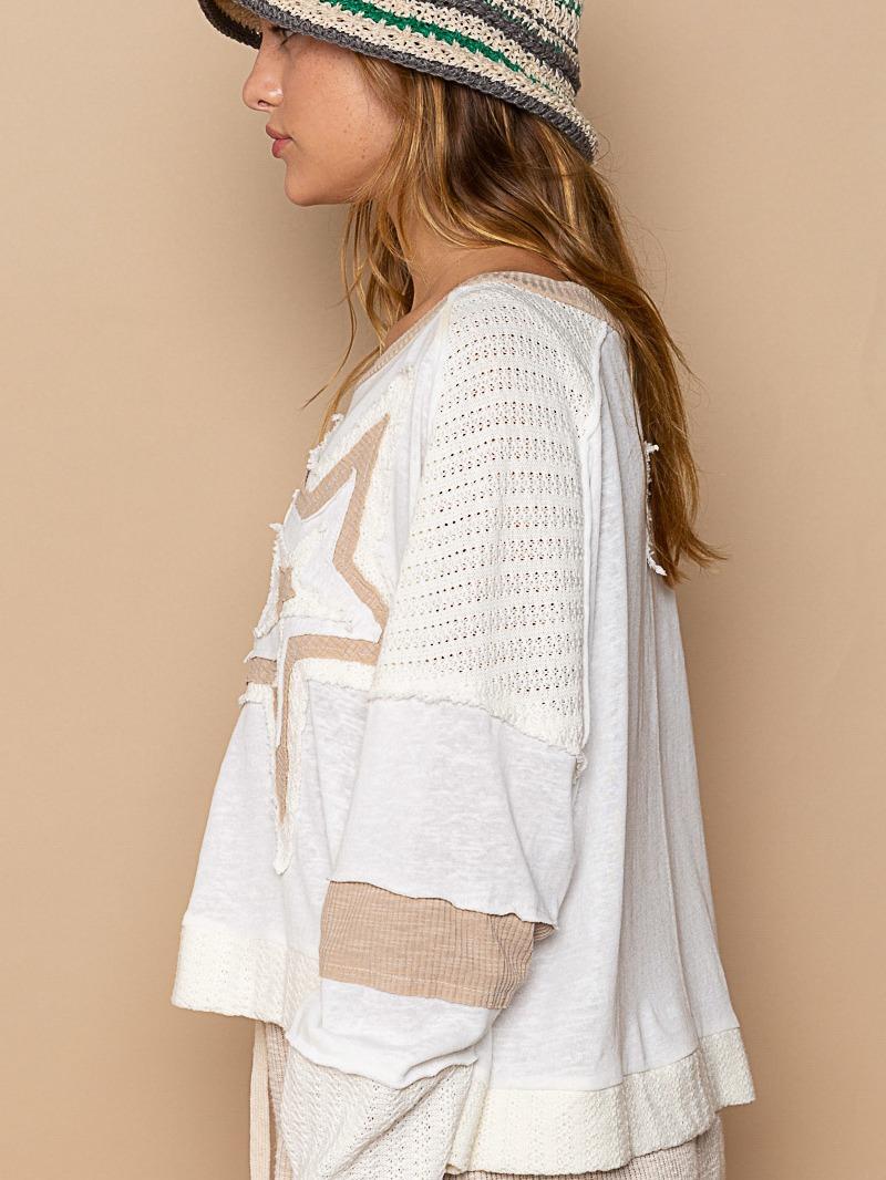 Pol  Star  Patchwork Cropped Knit top, in 2 colors Ivory and Beige long sleeve