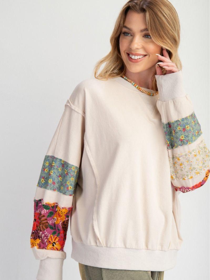 PRINT MIX TERRY KNIT PULLOVER WITH MIXED FLORAL  DETAILING ON SLEEVES fall pullover long sleeve