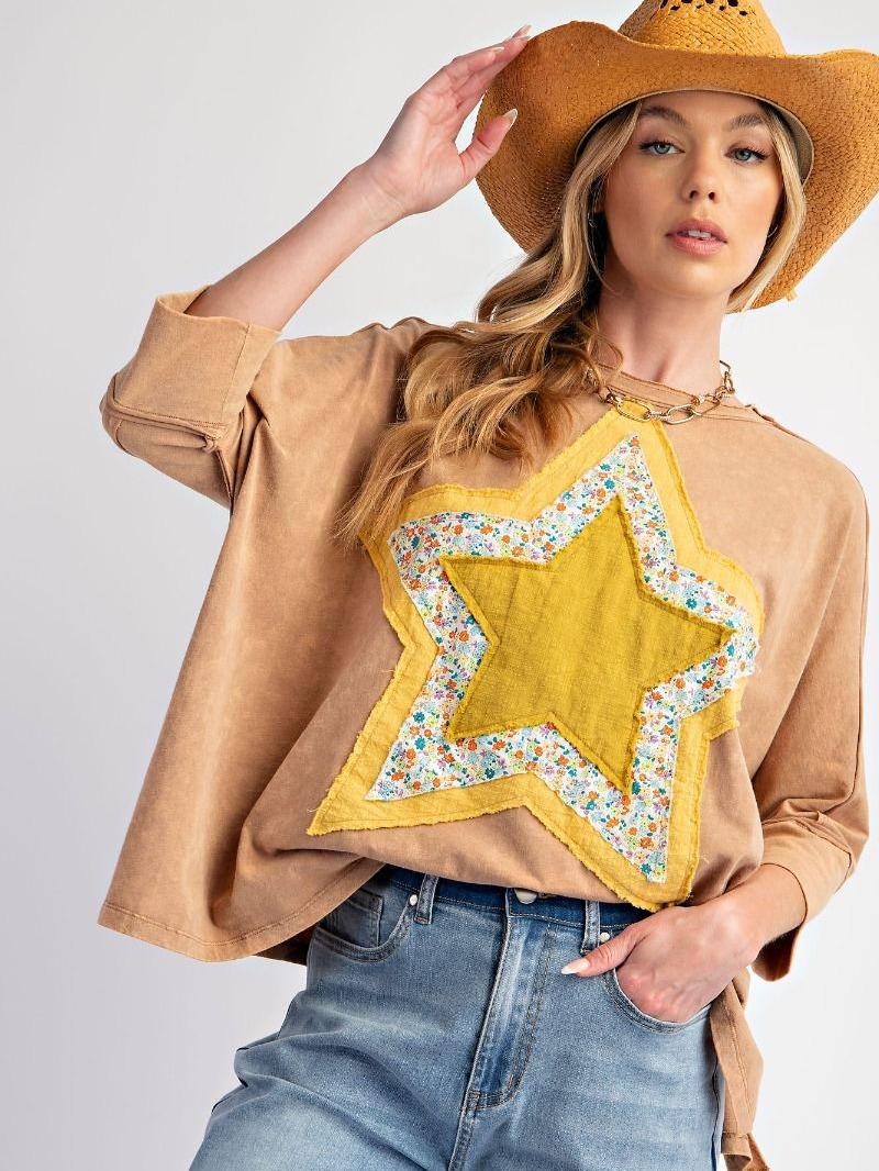 Floral Star Mineral Wash Top, Color Chai Latte long sleeve