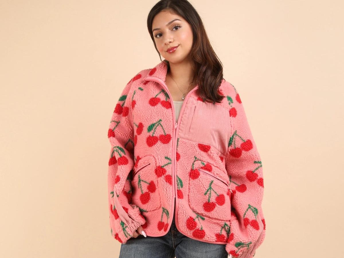 The Caroline Sherpa Pink Cherry Jacket with Zipper