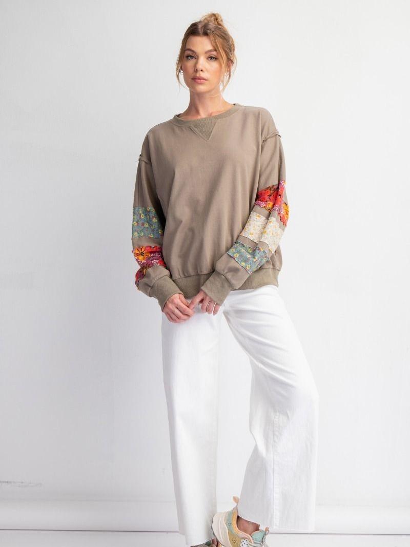PRINT MIX TERRY KNIT PULLOVER WITH MIXED FLORAL  DETAILING ON SLEEVES fall pullover long sleeve