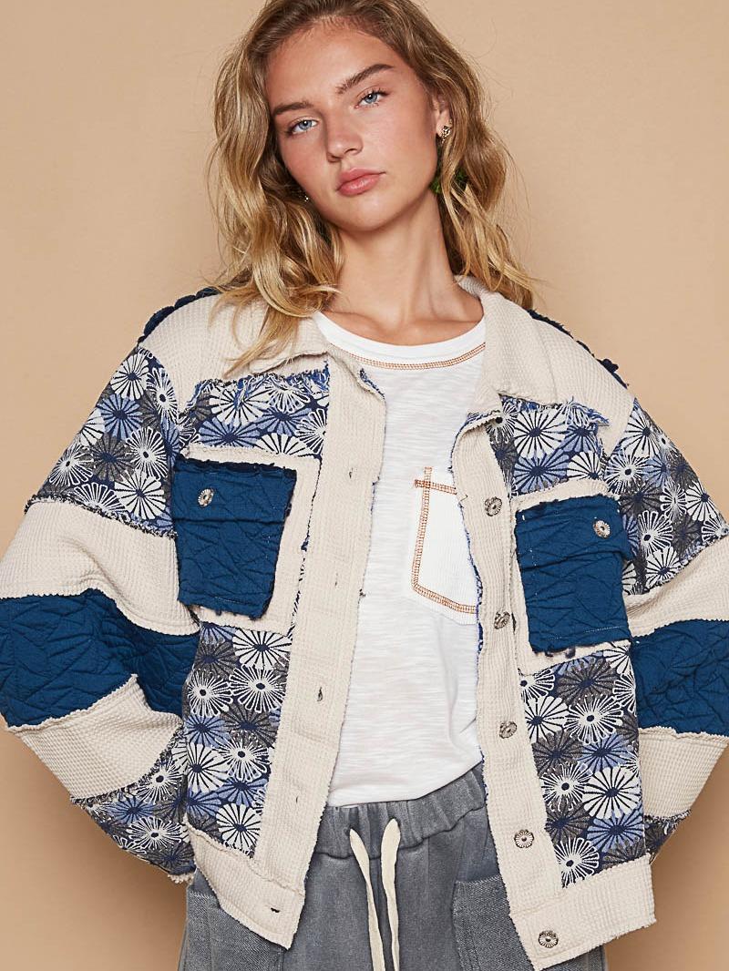 Vintage Quilted Jacket Top for Women with Jacquard Patch and Front Pockets shacket jacket