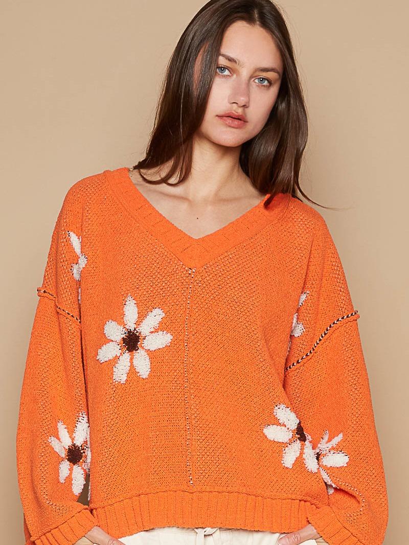Pol Designed in V-neck long sleeve, relaxed fit top in chenille with outseam rolling edge detailing, berber flower print, pullover  Orange sweater. fall sweater