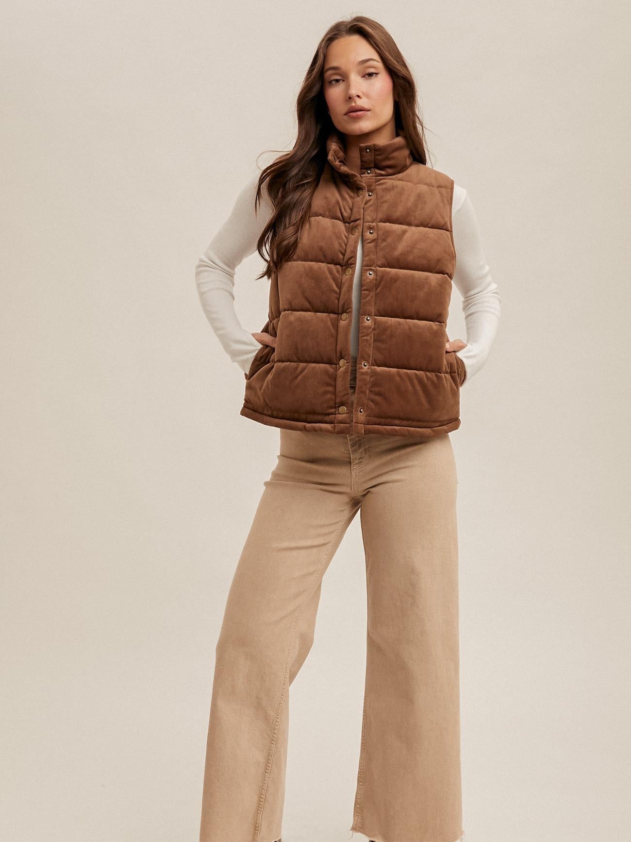 VELVET PADDET VEST WITH POCKETS, MOCHA COLOR puffer vest