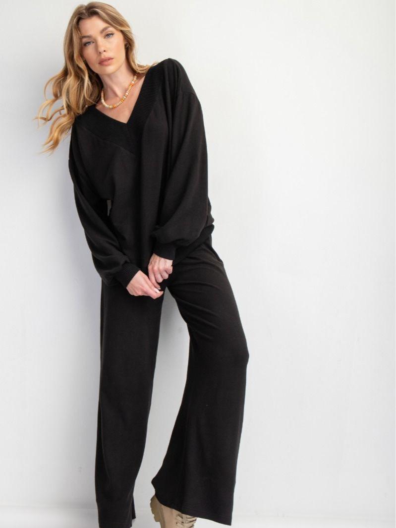 EASEL BLACK DEEP V NECK BRUSHED HACCI PULLOVER, SUPER SOFT KNIT FABRIC fall sweater