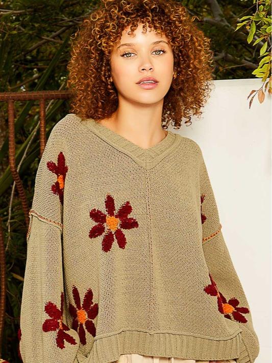 Pol Chenille V-Neck Berber Flower Print  Olive Sweater for Women fall sweater