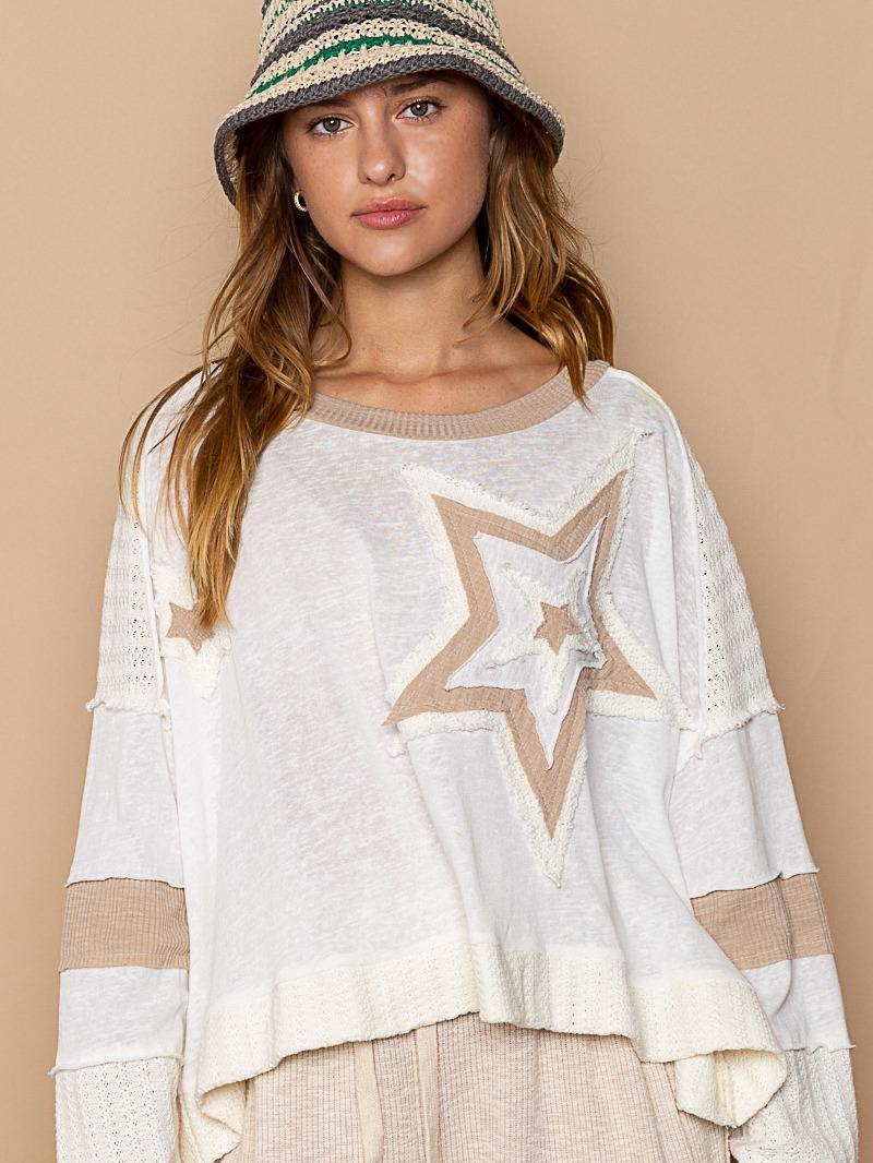 Pol  Star  Patchwork Cropped Knit top, in 2 colors Ivory and Beige long sleeve