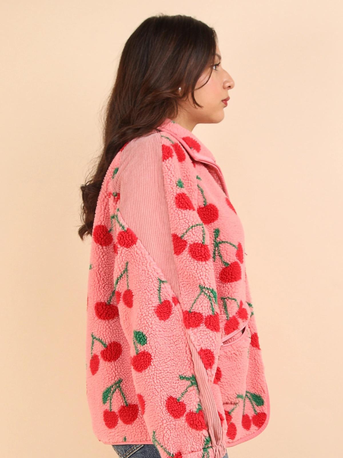 The Caroline Sherpa Pink Cherry Jacket with Zipper