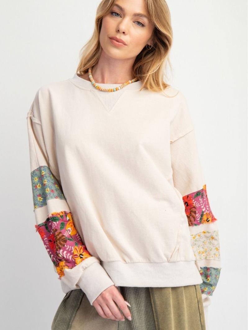 PRINT MIX TERRY KNIT PULLOVER WITH MIXED FLORAL  DETAILING ON SLEEVES fall pullover long sleeve
