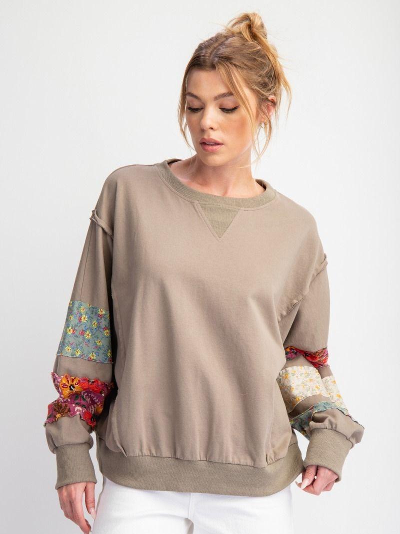 PRINT MIX TERRY KNIT PULLOVER WITH MIXED FLORAL  DETAILING ON SLEEVES fall pullover long sleeve