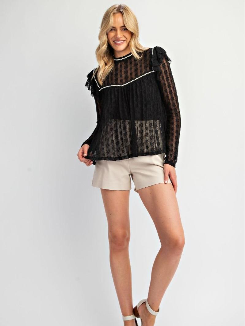 LACE TOP, FLUTTER LONG SLEEVES, PEARL BEADED DETAILING,