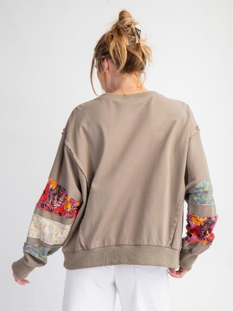 PRINT MIX TERRY KNIT PULLOVER WITH MIXED FLORAL  DETAILING ON SLEEVES fall pullover long sleeve