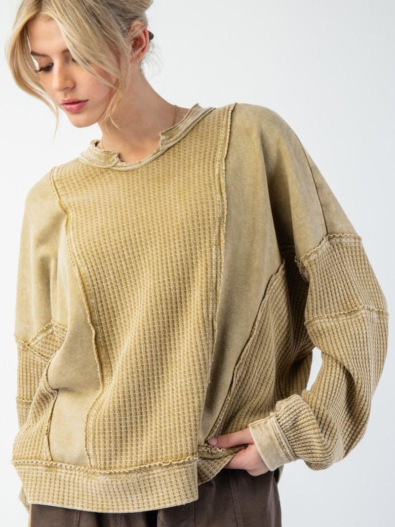 OLIVE OIL WASHED THERMAL MIX TERRY KNIT TOP fall pullover