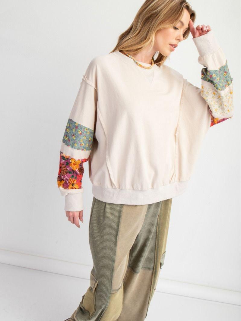 PRINT MIX TERRY KNIT PULLOVER WITH MIXED FLORAL  DETAILING ON SLEEVES fall pullover long sleeve