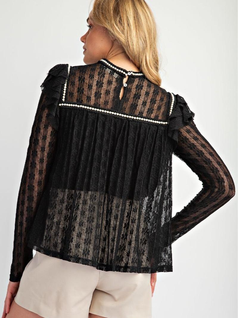 LACE TOP, FLUTTER LONG SLEEVES, PEARL BEADED DETAILING,