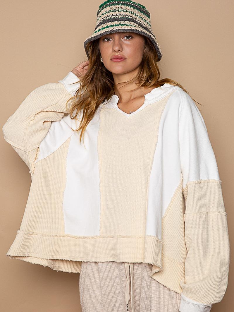 Pol Designed in notched neck long sleeve oversized fit knit top featured in french terry and thermal, frayed edge on entire garment. Color Ivory; 100% cotton, color: Comfort fall sweater