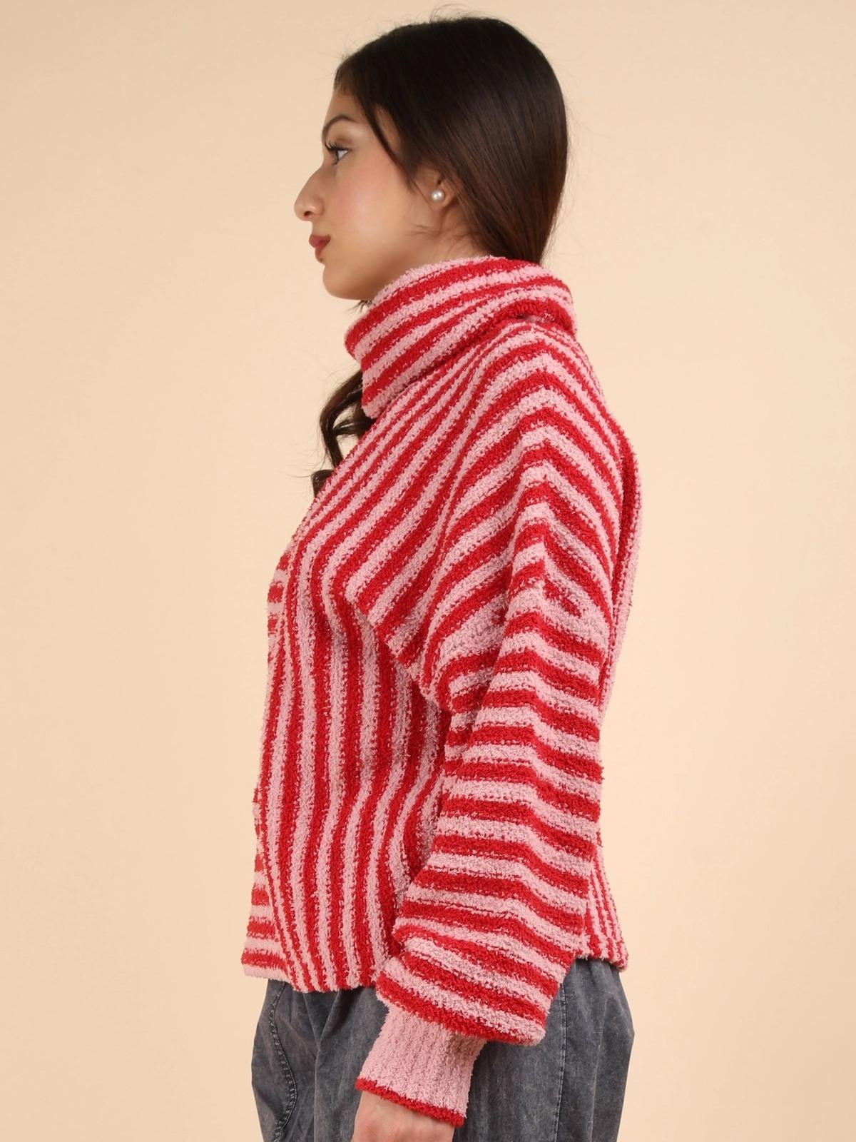 WOMEN'S RED  AND PINK MOCK NECK SOFT STRIPED KNIT SWEATER TOP fall sweater