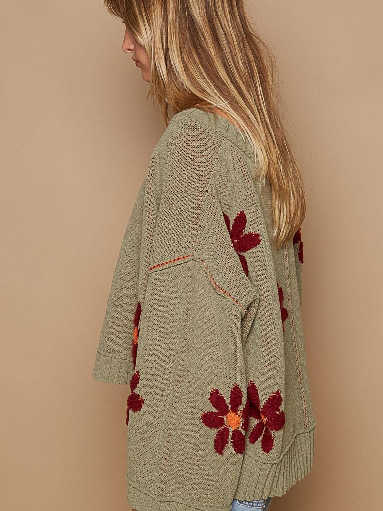 Pol Chenille V-Neck Berber Flower Print  Olive Sweater for Women fall sweater