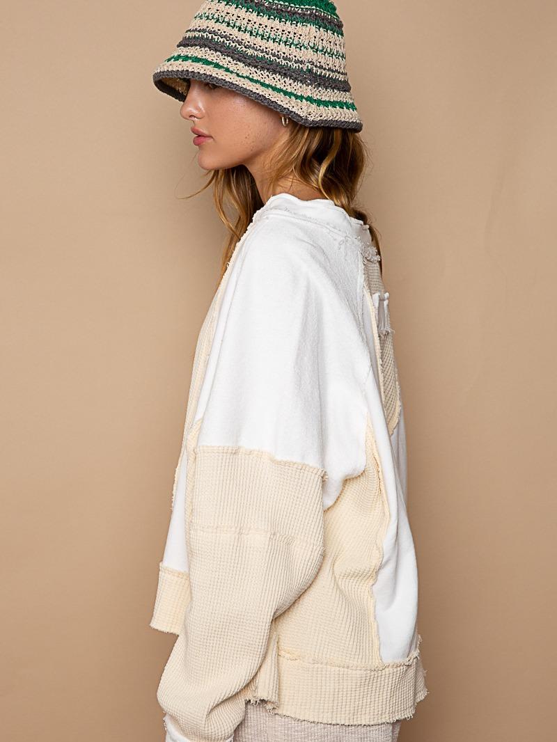 Pol Designed in notched neck long sleeve oversized fit knit top featured in french terry and thermal, frayed edge on entire garment. Color Ivory; 100% cotton, color: Comfort fall sweater
