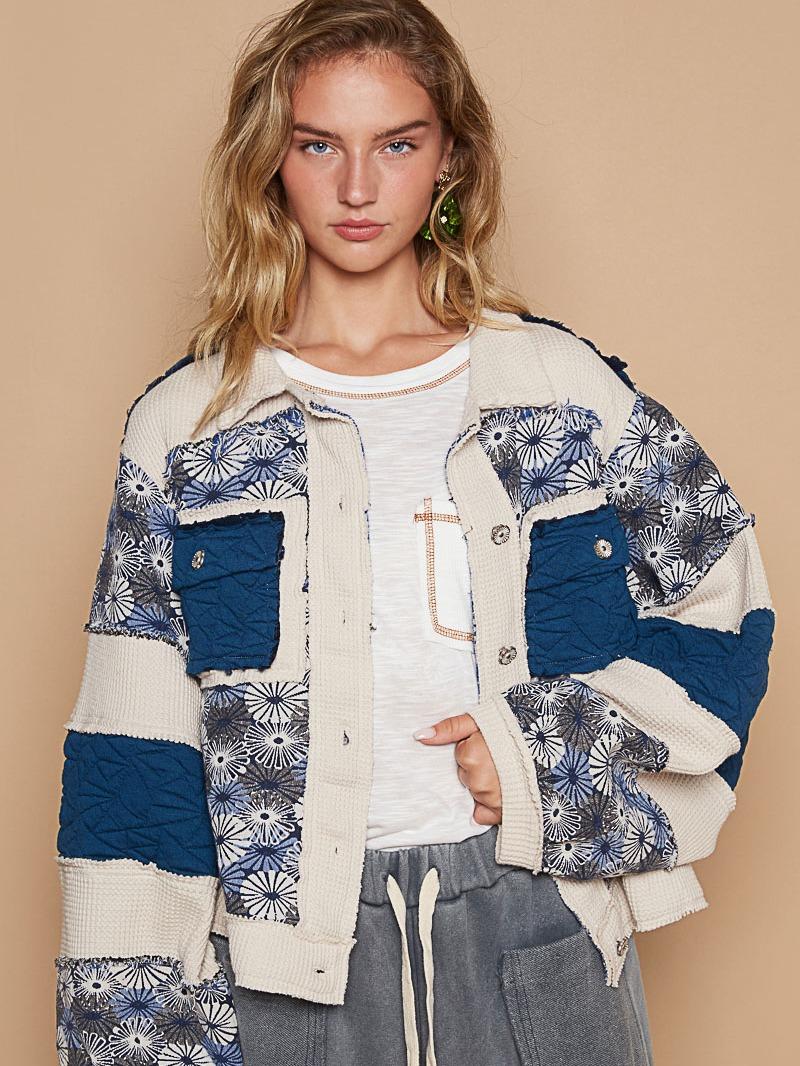 Vintage Quilted Jacket Top for Women with Jacquard Patch and Front Pockets shacket jacket