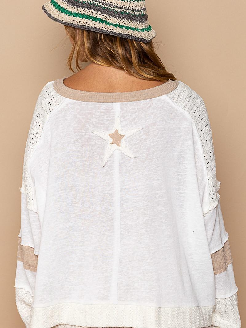 Pol  Star  Patchwork Cropped Knit top, in 2 colors Ivory and Beige long sleeve