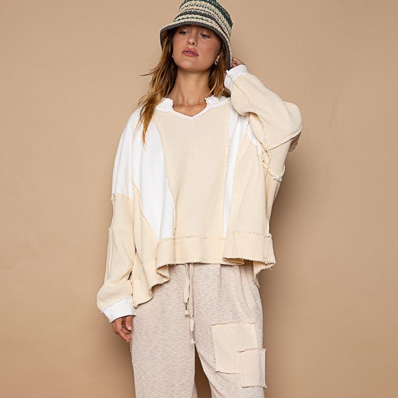 Pol Designed in notched neck long sleeve oversized fit knit top featured in french terry and thermal, frayed edge on entire garment. Color Ivory; 100% cotton, color: Comfort fall sweater