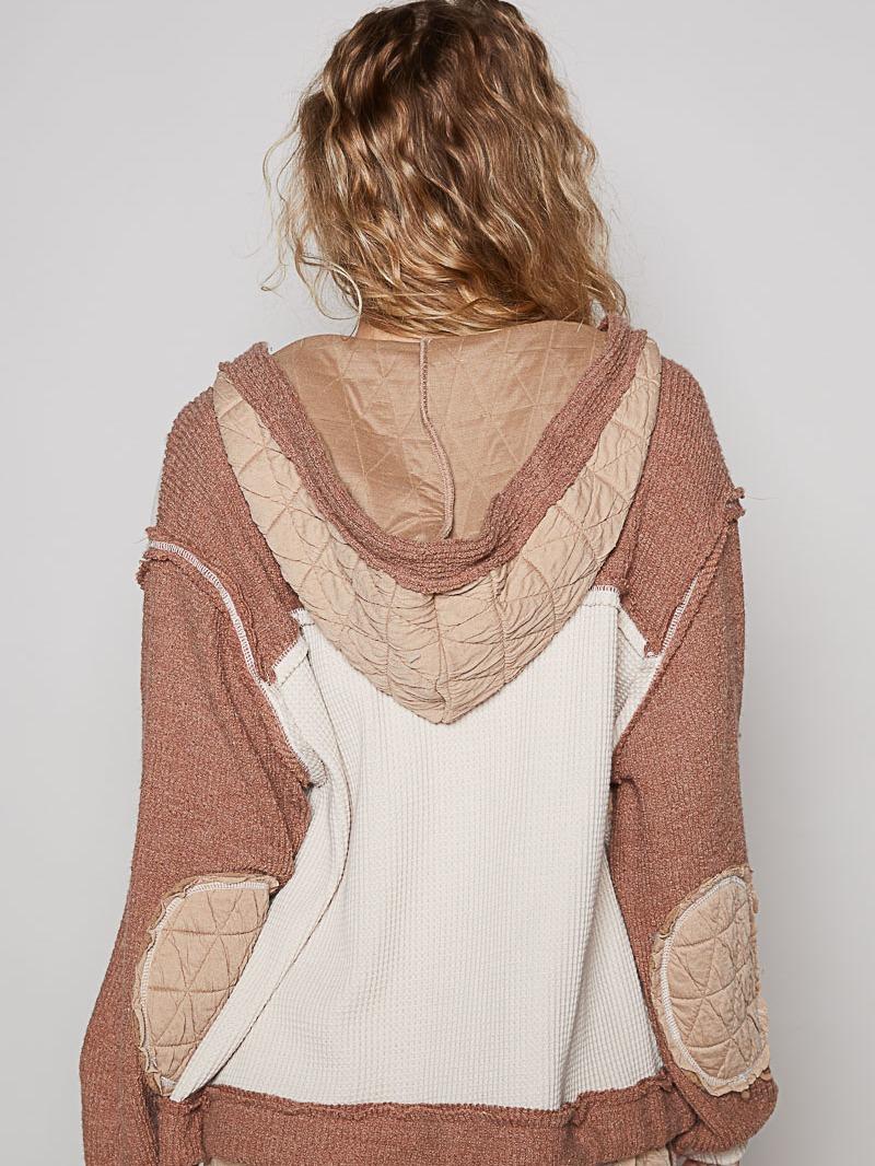 OAT AND CHOCOLATE DESIGNED BUTTON DOWN OVERSIZED FIT JACKET WITH HOODIE FEATURED IN THERMAL, QUILTED AND SEW SWATER KNIT. shacket jacket