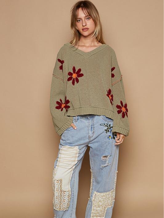 Pol Chenille V-Neck Berber Flower Print  Olive Sweater for Women fall sweater