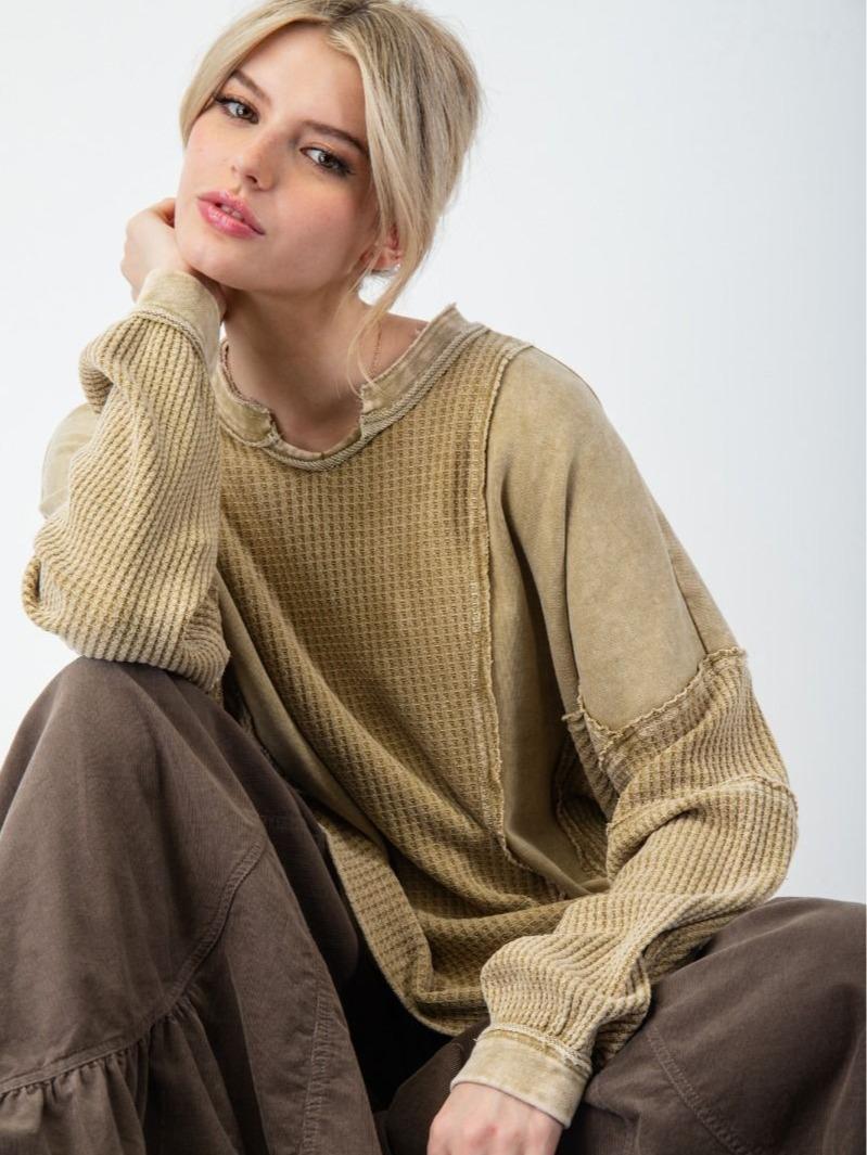 OLIVE OIL WASHED THERMAL MIX TERRY KNIT TOP fall pullover