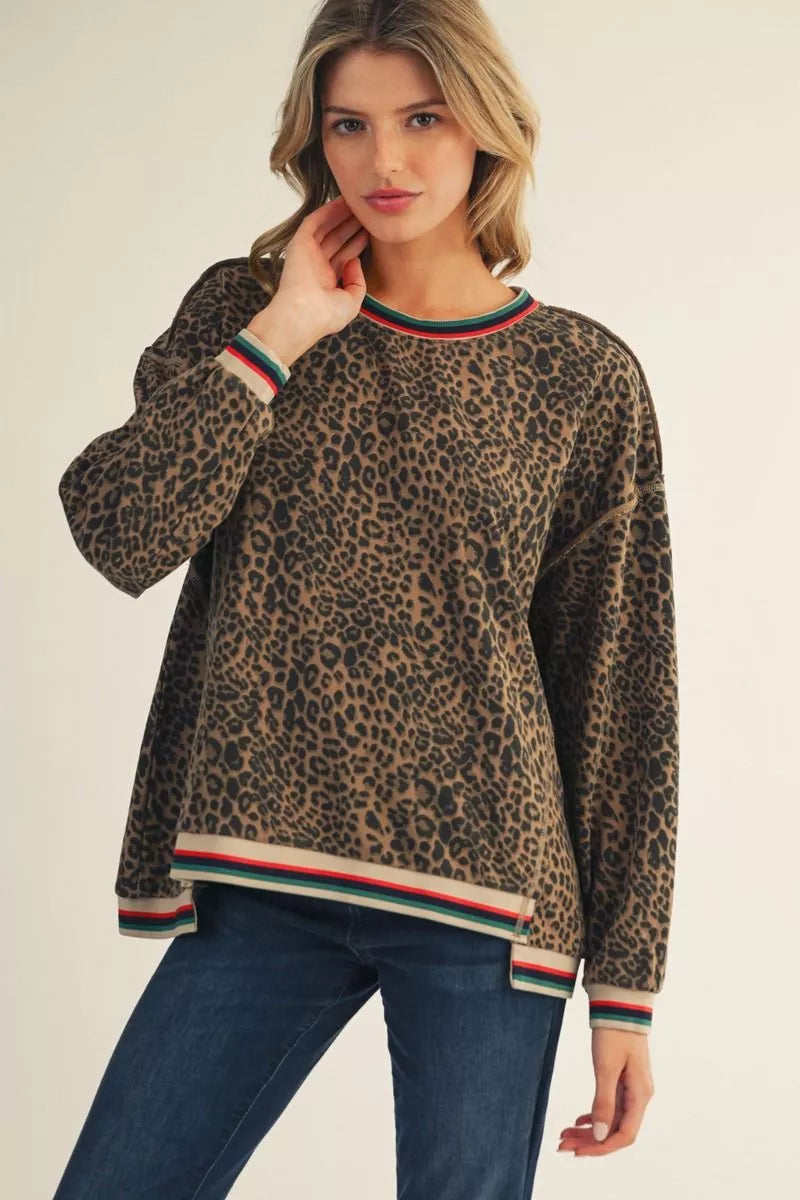 Leopard Sweater with Multi-color  Neck Binding and Cuffs