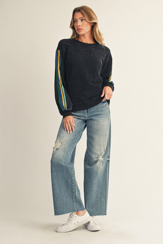 Velvet Tape Trim Accent Washed Sweatshirts