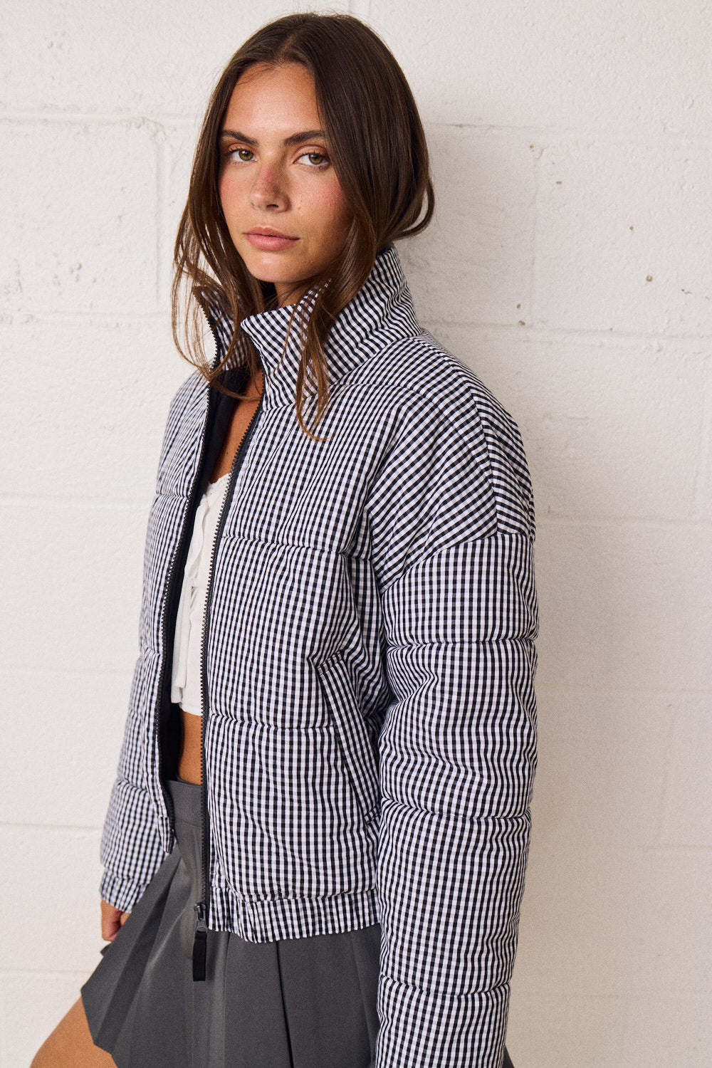 GINGHAM ZIP UP PUFFER JACKET