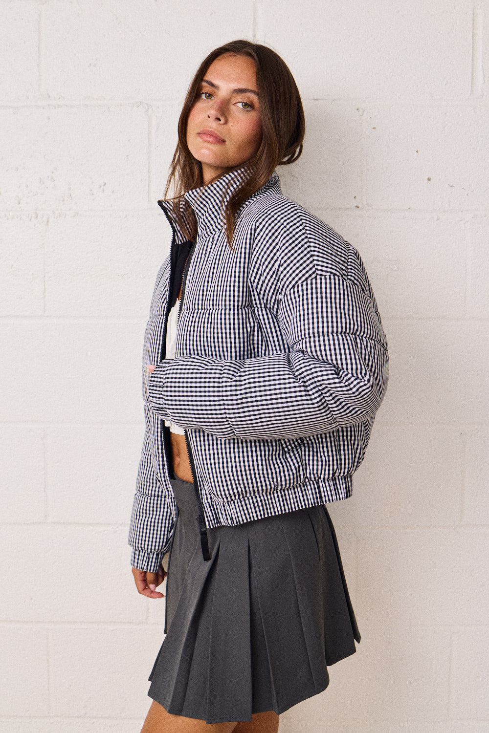 GINGHAM ZIP UP PUFFER JACKET
