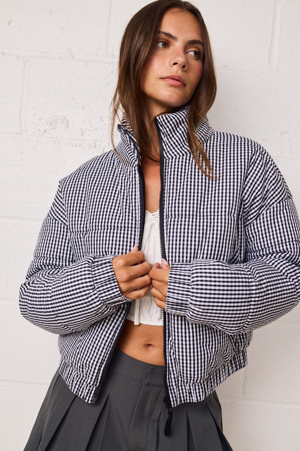 GINGHAM ZIP UP PUFFER JACKET
