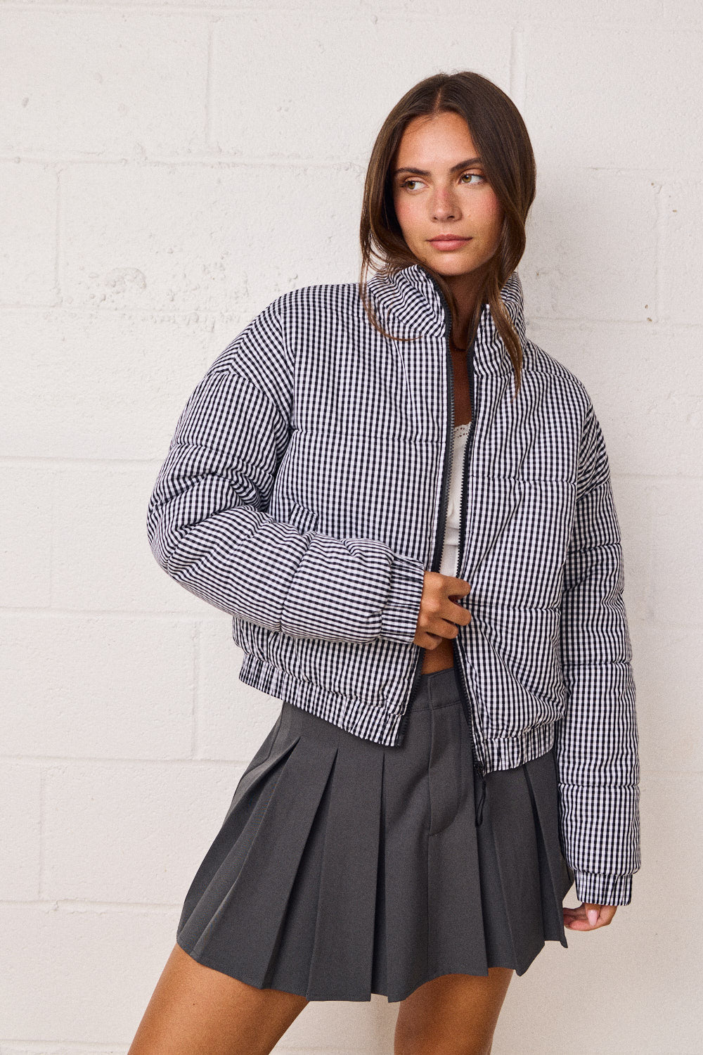 GINGHAM ZIP UP PUFFER JACKET