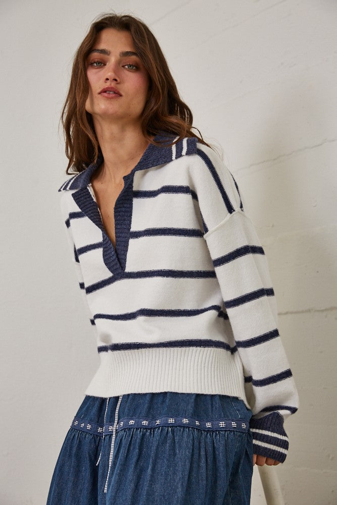 Striped V Neck Collared Soft Sweater