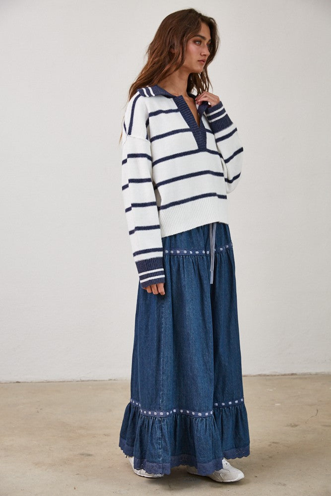 Striped V Neck Collared Soft Sweater