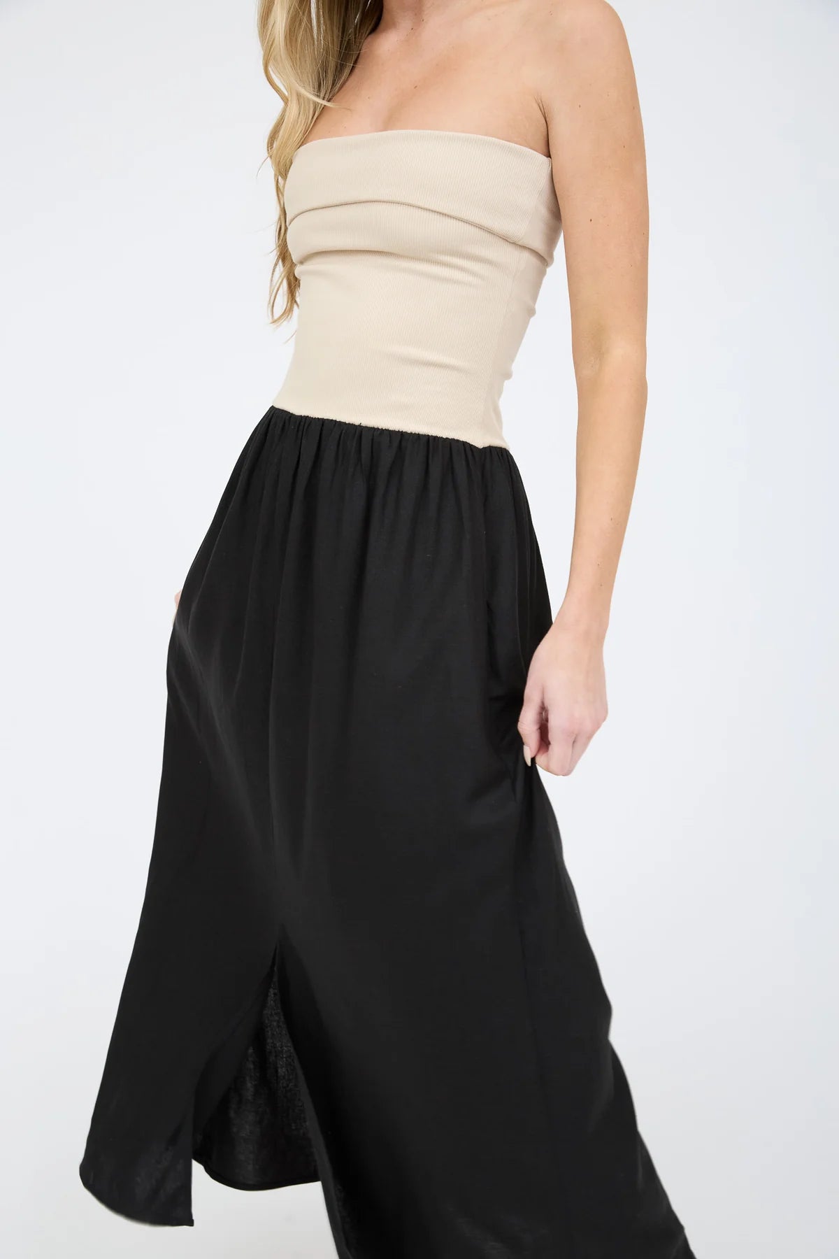 MIX MEDIA CONTRAST STRAPLESS FOLD OVER MIDI DRESS