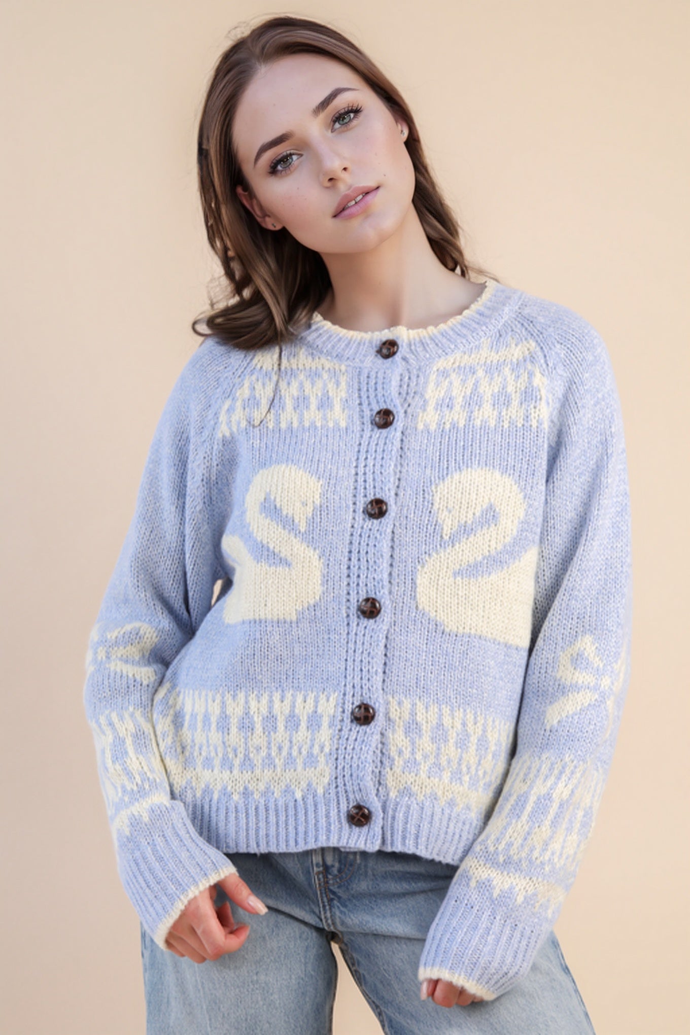 Cute Swan Oversized Graphic Casual Knit Sweater Cardigan