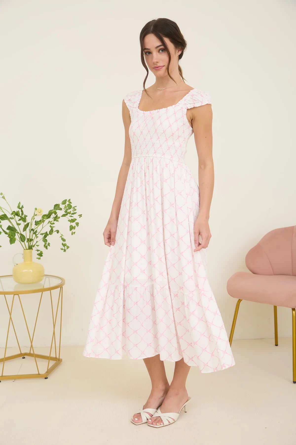 Bow Pattern Smocked Pink Midi Dress