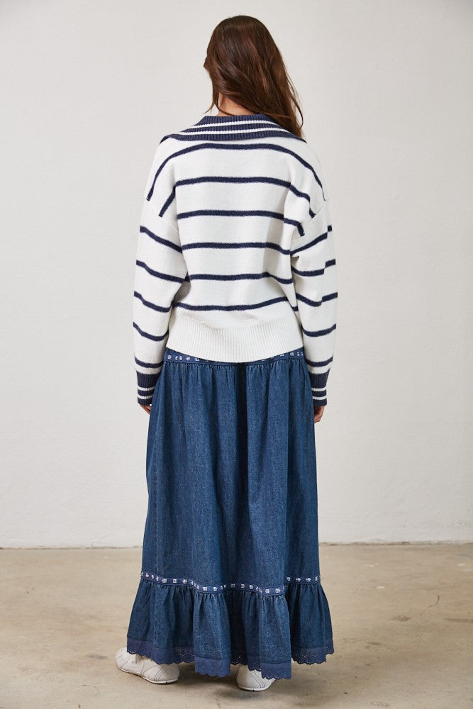 Striped V Neck Collared Soft Sweater