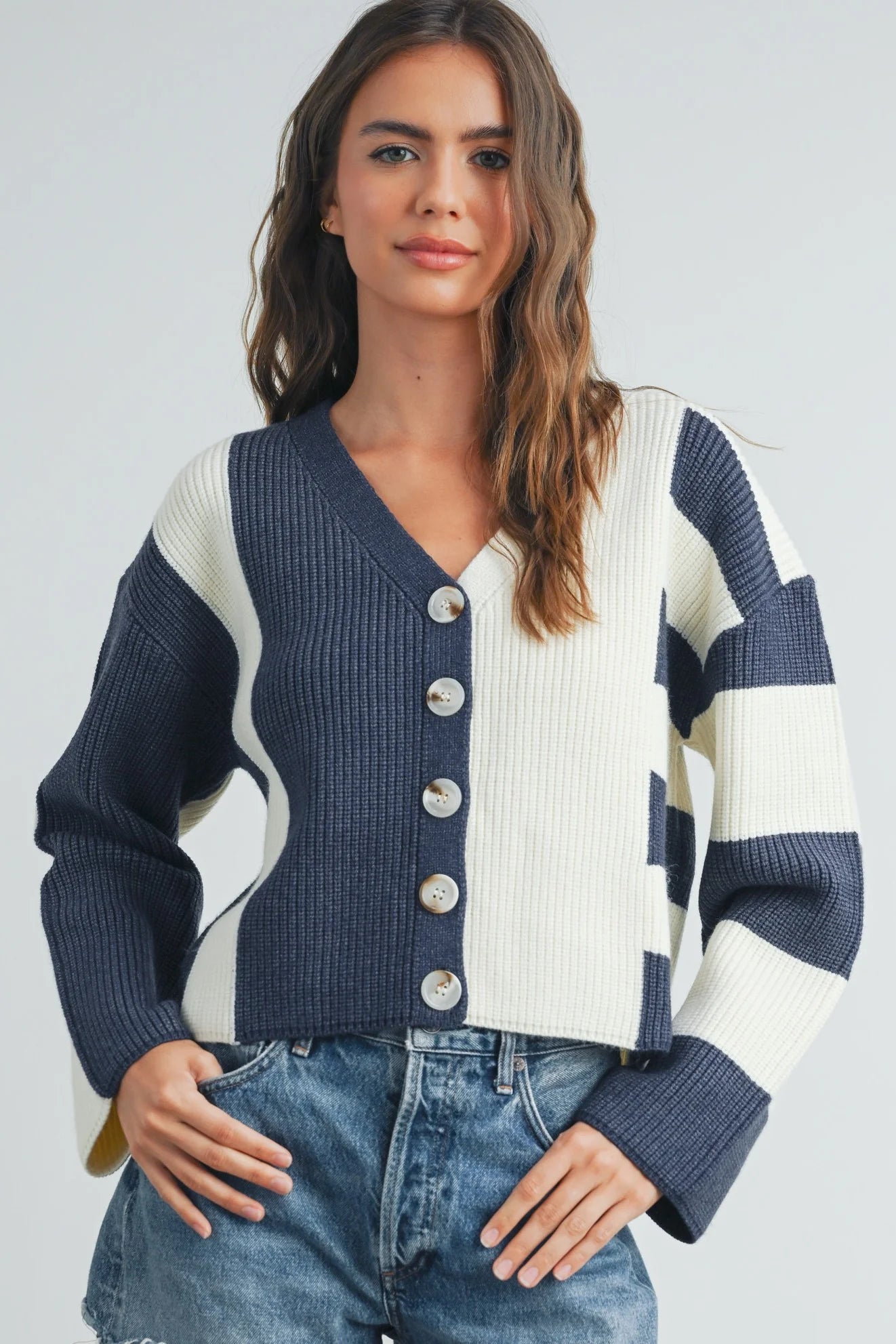 Color Block Down Cardigan - Navy and Ivory