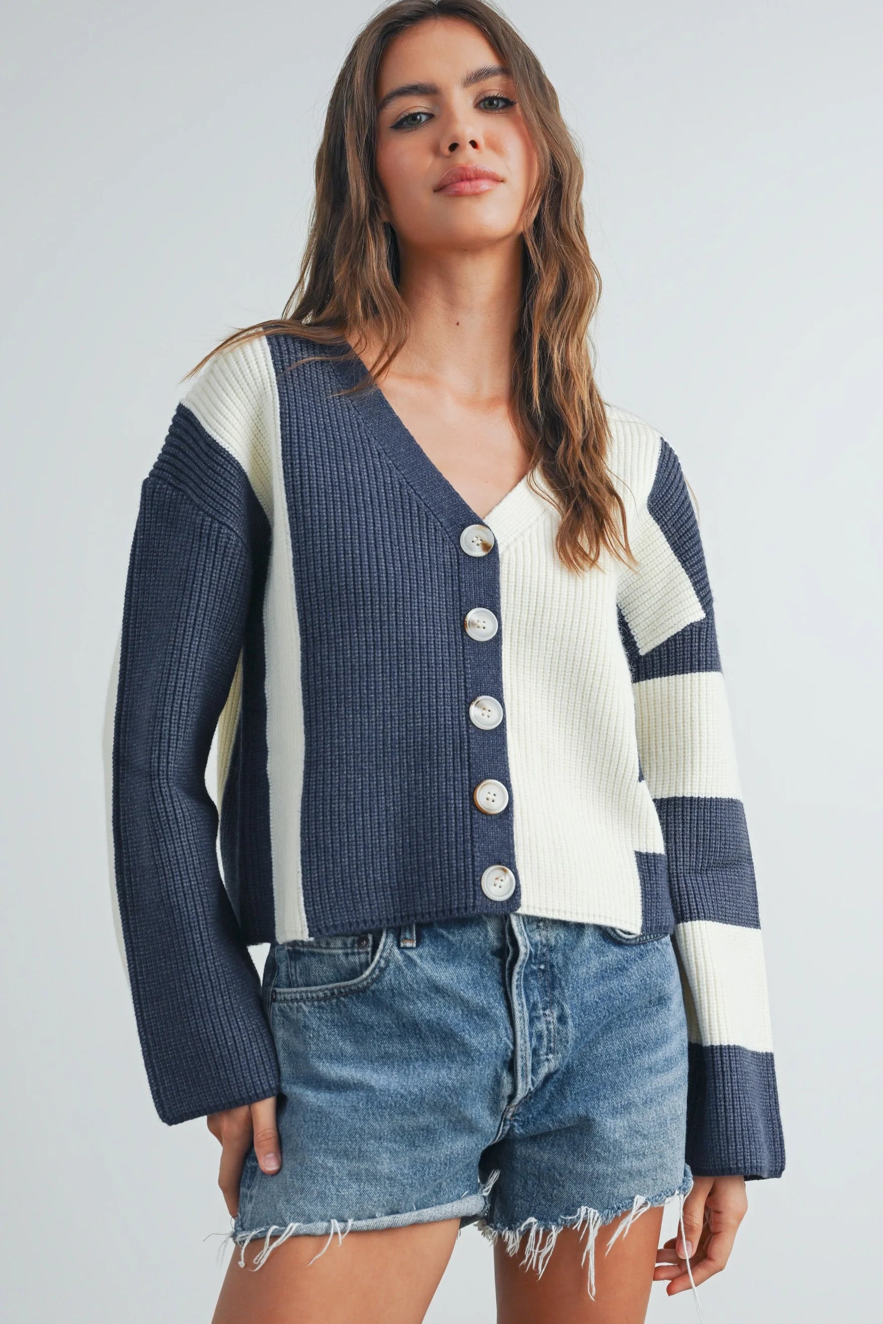 Color Block Down Cardigan - Navy and Ivory
