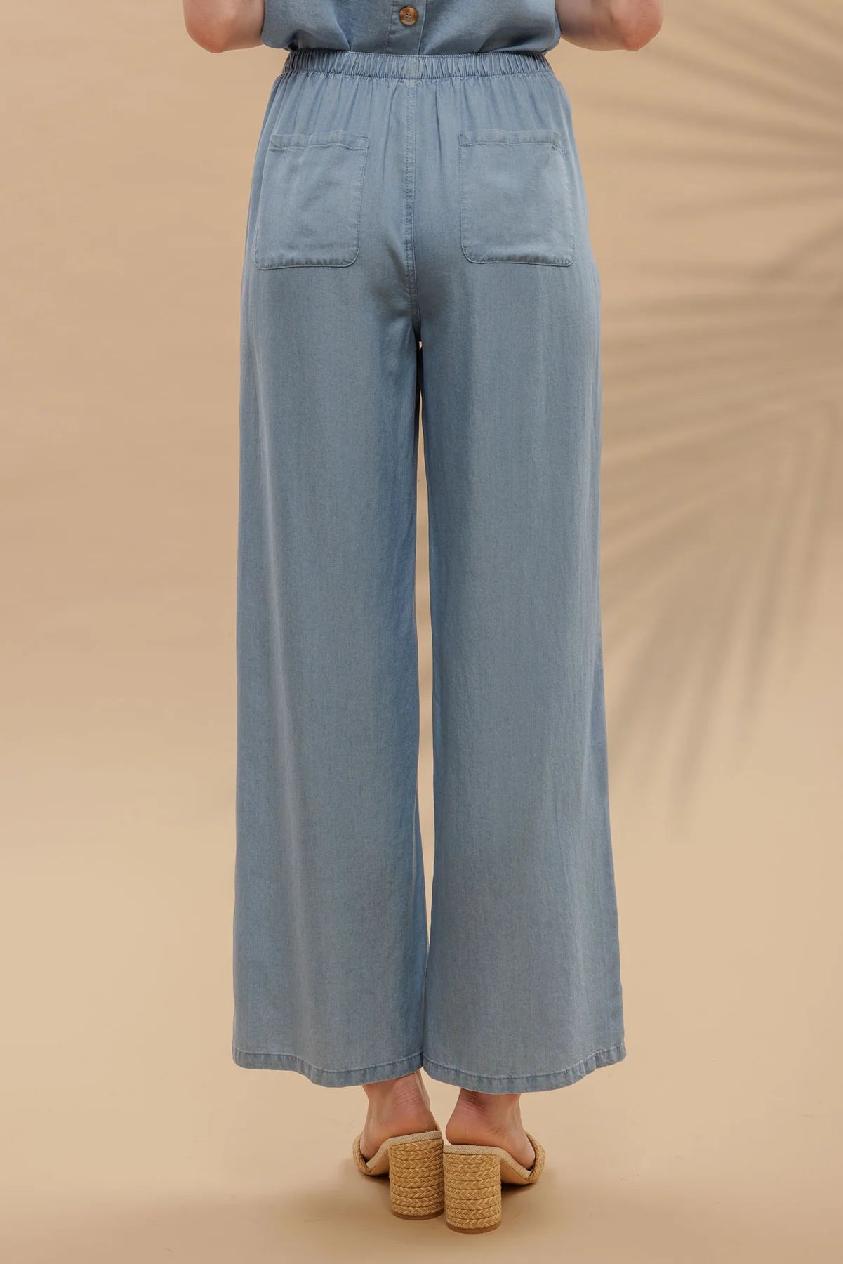 Drawstring Waist Wide Leg Chambray Pants