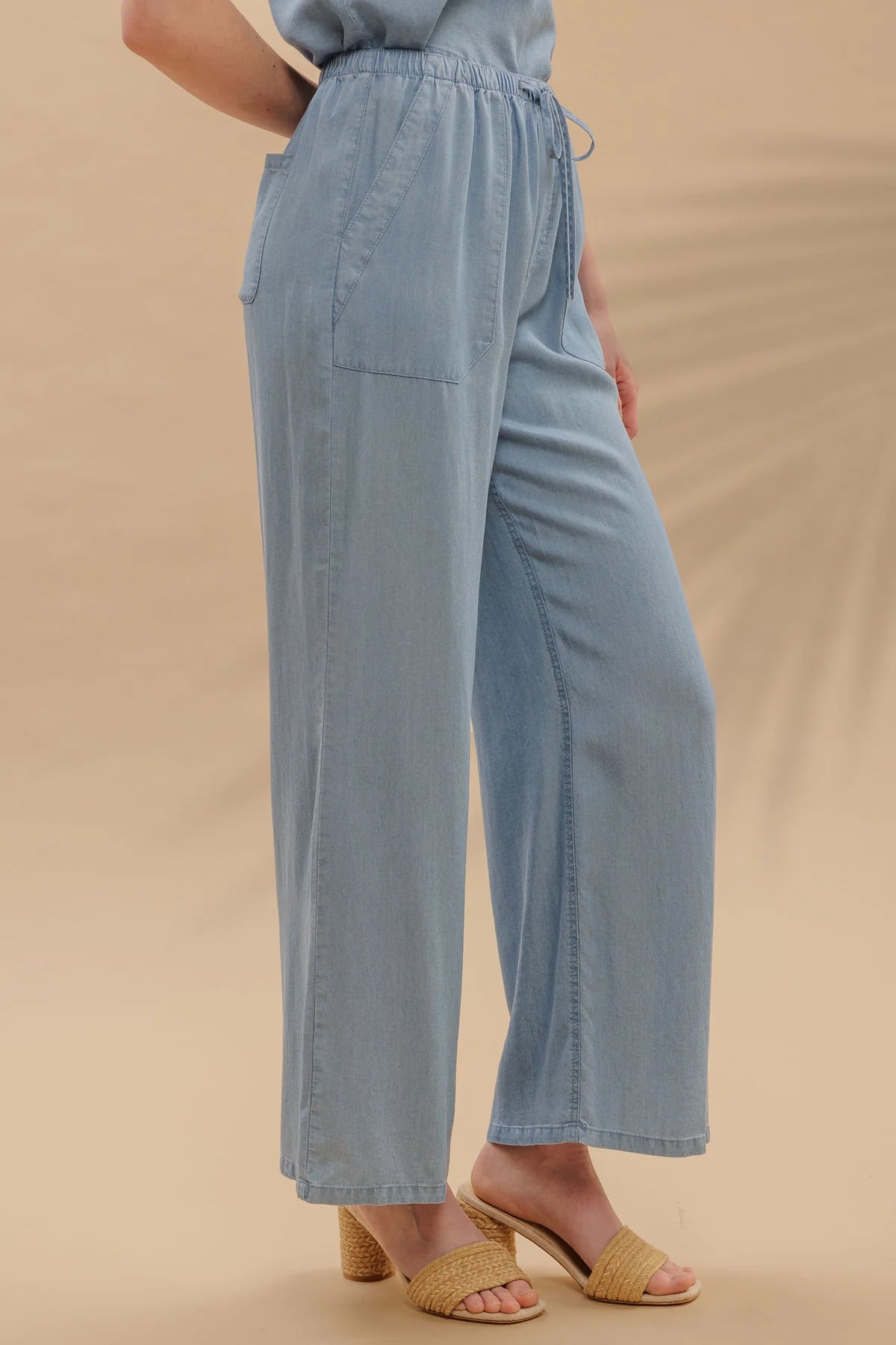 Drawstring Waist Wide Leg Chambray Pants