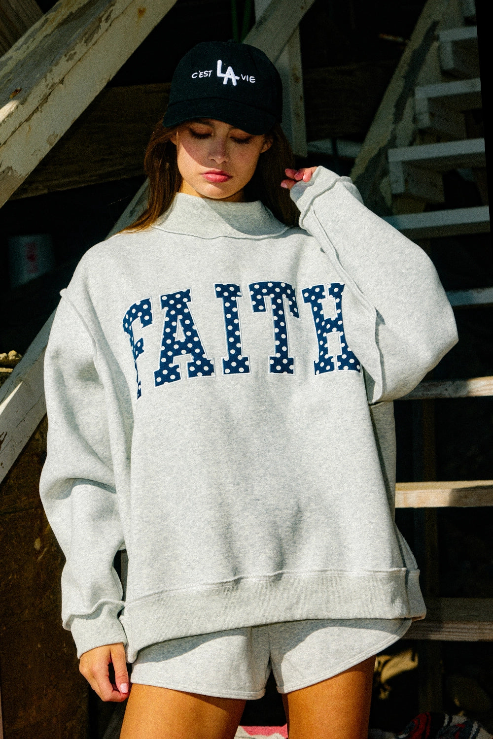 Faith Embroidered Polka-Dot Mock Neck Sweatshirt
