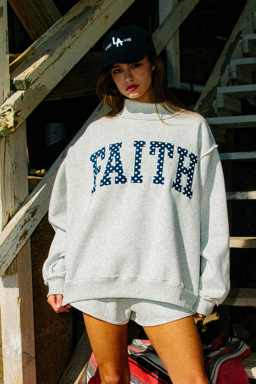 Faith Embroidered Polka-Dot Mock Neck Sweatshirt