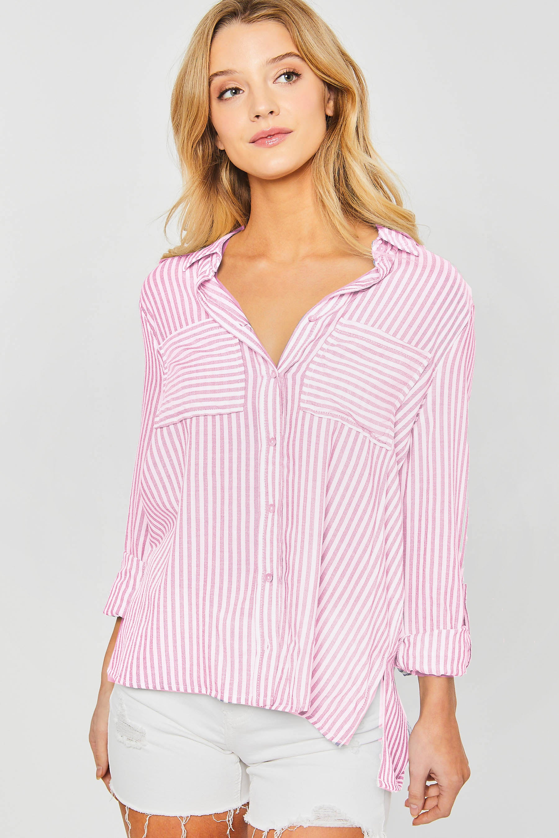 Pink and White Long Sleeve Stripe shirt with double front pockets